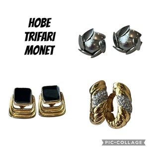 Hobe Trifari Monet Vintage Clip Earrings Black Gold Silver 3 pairs